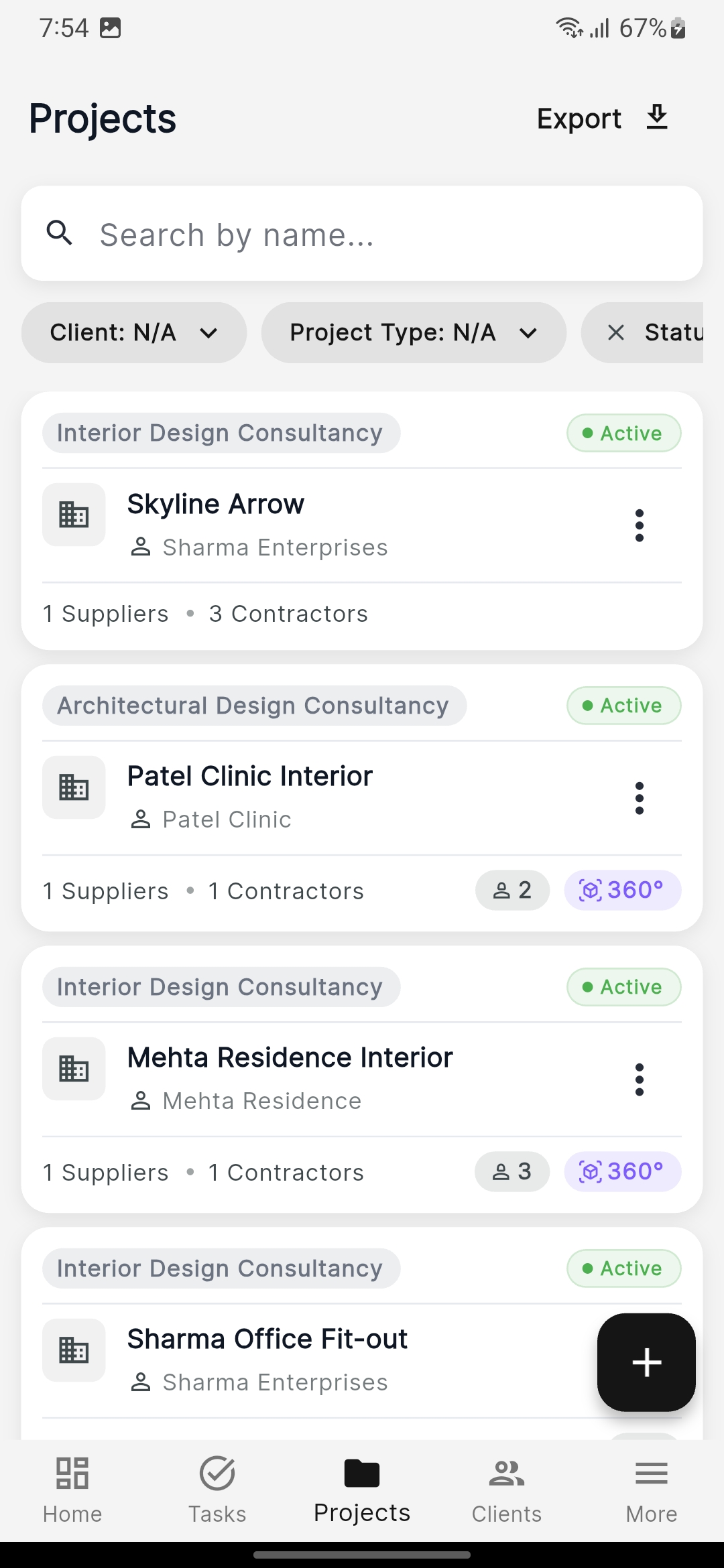 Project list on the Optigestix mobile app