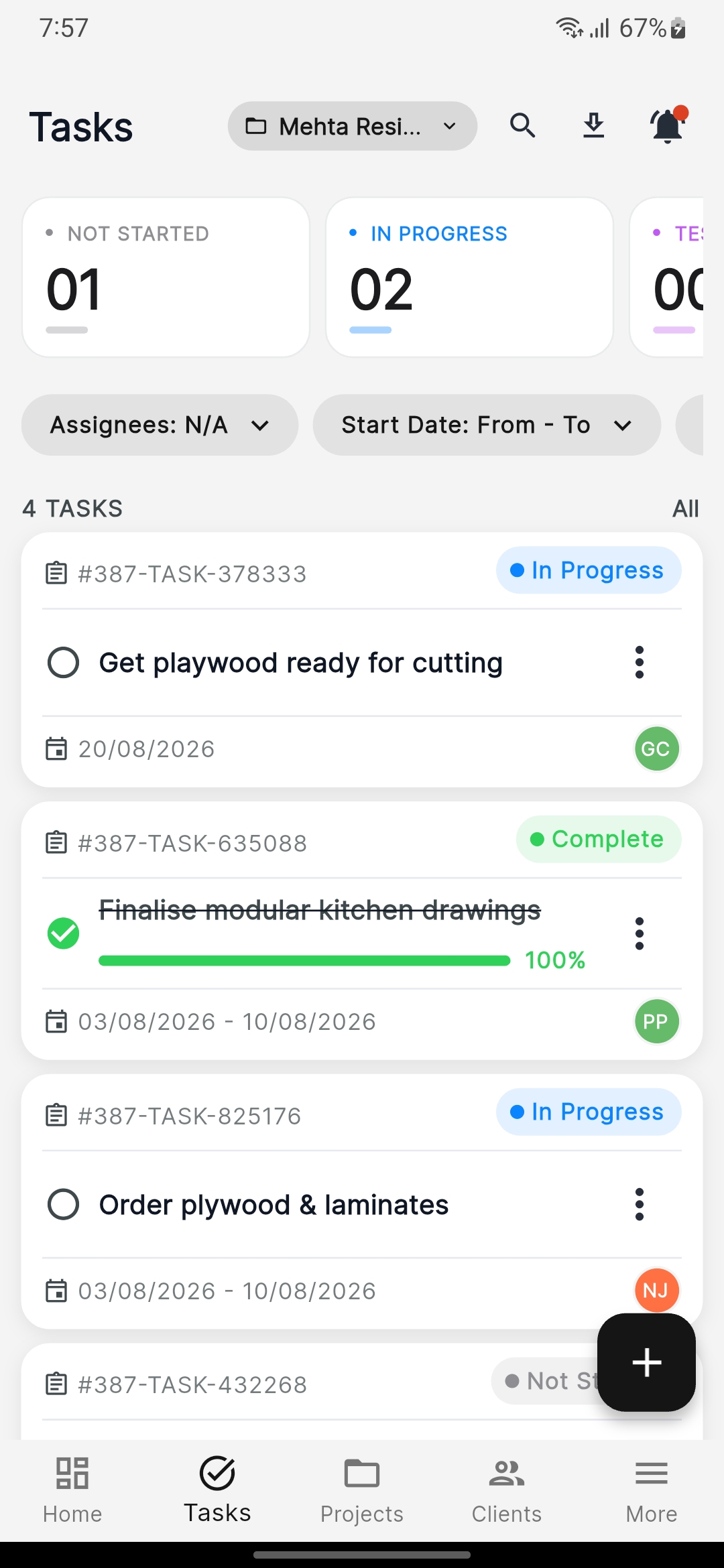 Task board with assignees on the Optigestix mobile app