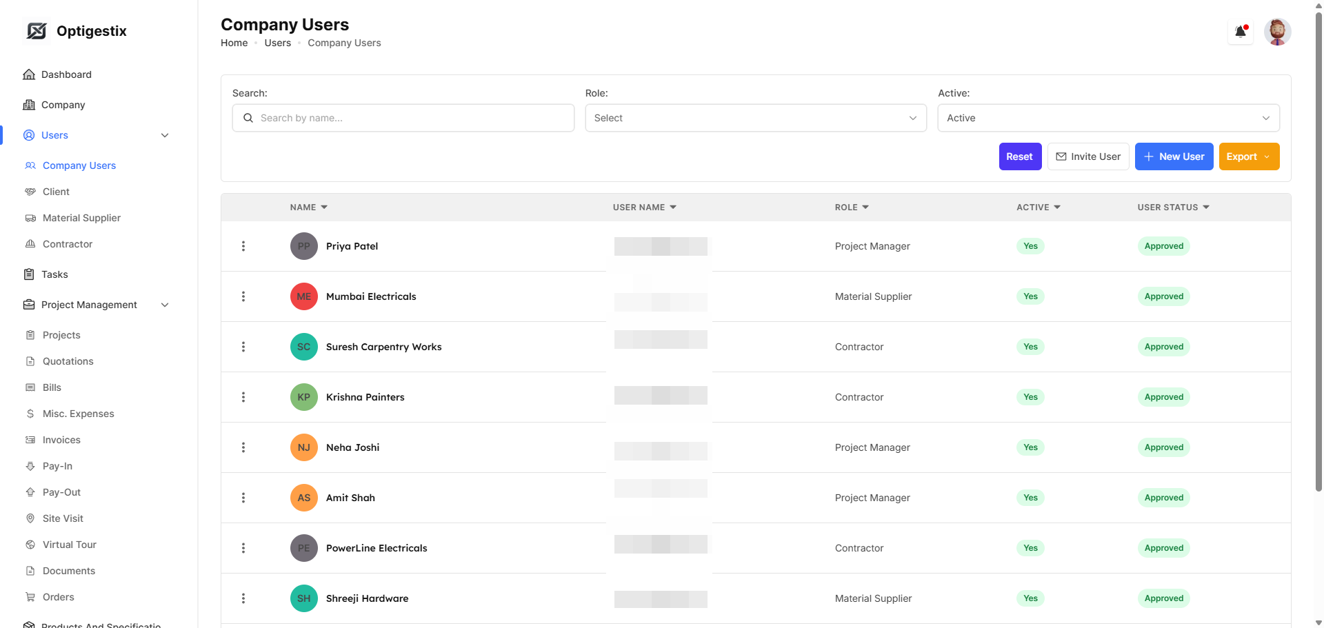 User management screen listing roles and permissions